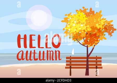 Herbstlandschaft am Meer, Meer, Hallo Herbstschrift, Baum, Holzbank, Segelboot-Panorama, Herbststimmung, gelb, rot, orange Blätter, Karikatur Stock Vektor