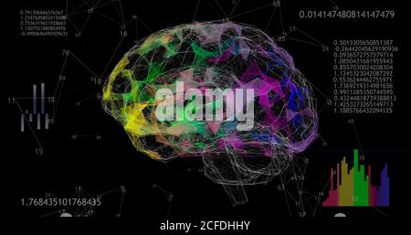 Rotierendes 3D-Modell mit 360 niederpolygonalen Gehirnzellen auf schwarzem Hintergrund mit animierten Zahlen und Diagrammen. Stockfoto