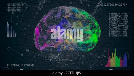 Rotierendes 3D-Modell mit 360 niederpolygonalen Gehirnzellen auf schwarzem Hintergrund mit animierten Zahlen und Diagrammen. Stockfoto