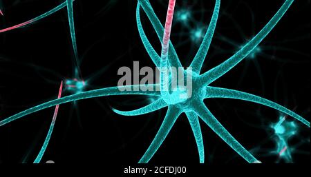 Neon Neuron Zellen auf dem schwarzen Hintergrund. 3d-Modell. 3D-Illustration Stockfoto