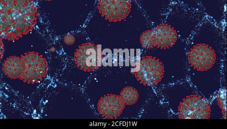 Coronavirus-Zellen COVID-19 Infektionskrankheit. Schnelle Übertragung Ausbreitung Krankheit. Hohe Konzentration von Coronavirus-Animation. 3D-Rendering 3D-Illustration Stockfoto