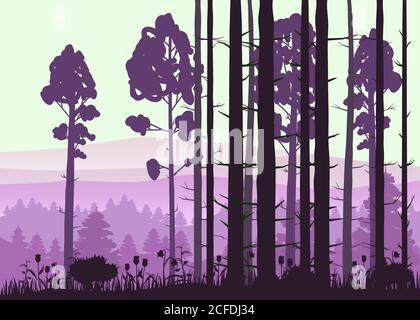 Wald Landschaft minimalistische Illustration. Kiefern Bäume Silhouetten. Naturszene. Realistischer Farbhintergrund mit Silhouetten, Bäumen, Kiefer, Tanne Stock Vektor