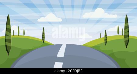 Cartoon Landschaft mit Straße, Higway und Sommer, Meer, Sonne, Bäume. Reise, Urlaub, Reise. Vektorgrafik, isoliert, Cartoon-Stil Stock Vektor
