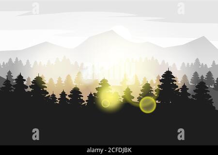 Kiefernwald und Berge Vektor Hintergründe. Panorama Landschaft Fichte Silhouette Illustration, Vektor, isoliert Stock Vektor