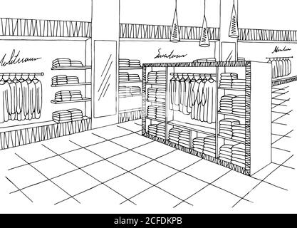 Shop Interior Grafik schwarz weiß Skizze Illustration Vektor Stock Vektor