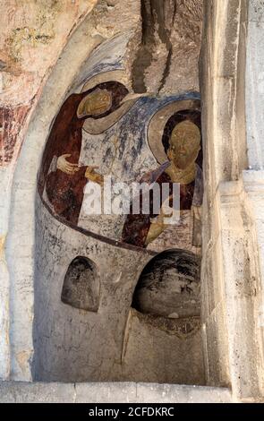 Wandgemälde aus dem 12. Jahrhundert, Narthex der Kirche Mariä Himmelfahrt, Wardsia Cave Kloster, Erusheti Berge, Meskheti, Georgien Stockfoto