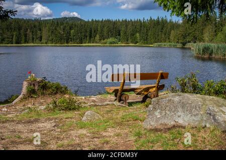 Bank am Stierhüblteich, See bei Karlstift - Wandern rund um Karlstift, Waldviertel, Österreich Stockfoto