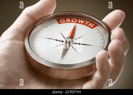 Mann Hand hält Kompass mit Nadel zeigt das Wort Wachstum. Investition von Finanzkonzept. Zusammengesetztes Bild zwischen einer Handfotografie und einer 3D BA Stockfoto