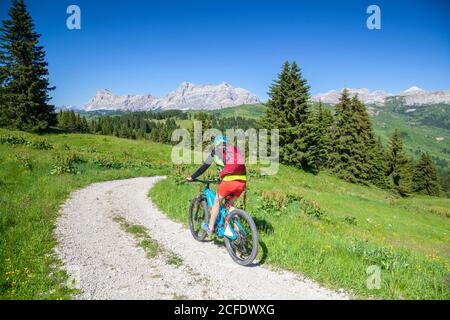 Frau mit E-Bike in der Naturlandschaft des Monte cherz, dolomiten, livinallongo del col di lana, belluno, venetien, italien Stockfoto