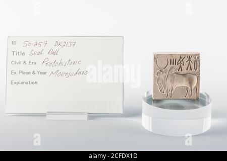 Altes Siegel von Stier, von Mohenjo daro, Indus Valley Civilization Gallery, National Museum of Pakistan, Karachi, Sindh, Pakistan, Südasien, Asien Stockfoto