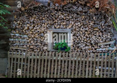 Holzstapel vor einem Haus - Wandern rund um Karlstift, Waldviertel, Österreich Stockfoto