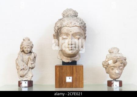 Stuck Buddha Kopf und Figuren, aus Taxila, Galerie von Gandhara, National Museum of Pakistan, Karachi, Sindh, Pakistan, Südasien, Asien Stockfoto