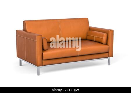 Zweisitzer braunes Ledersofa mit Metallbeinen auf weiß Hintergrund - 3d-Rendering Stockfoto