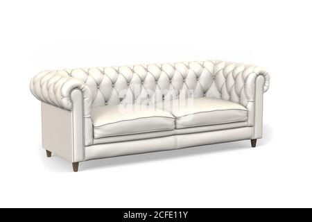 Elegantes, stilvolles, weißes Ledersofa mit zwei Sitzplätzen und Holzbeinen - 3d-Rendering Stockfoto