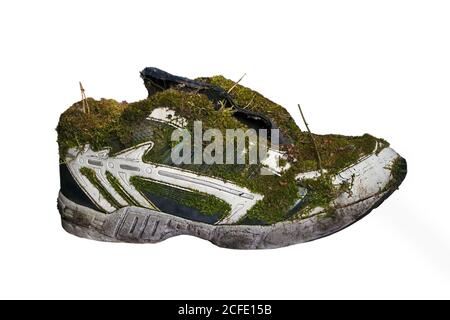 Alte Turnschuhe mit Moos auf weißem Hintergrund bedeckt. Stockfoto