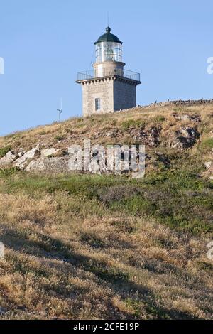 Der Leuchtturm am Cap de Carteret bei Barneville-Carteret an der Cote des Iles, Frankreich, Normandie Stockfoto