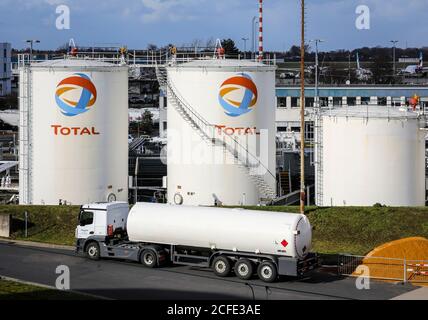 Total, Luftfahrt-Tanklager am Flughafen Düsseldorf, Düsseldorf, Nordrhein-Westfalen, Deutschland Stockfoto