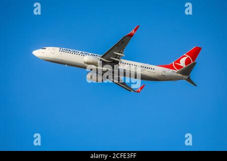 Turkish Airlines Boing 737-8F2 fliegt am internationalen Flughafen Düsseldorf, TC-JHV, Düsseldorf, Nordrhein-Westfalen, Deutschland ab Stockfoto