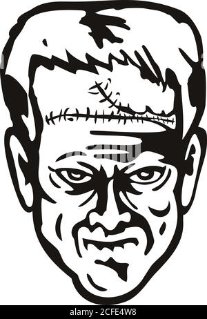 Schablone Illustration des Kopfes von Doktor Victor Frankenstein's Monster von vorne auf isoliertem Hintergrund in schwarz und weiß Retro-Stil. Stock Vektor