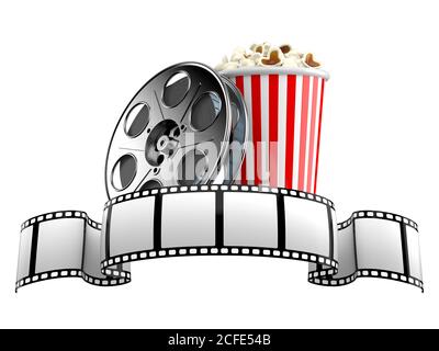 Filmstreifen mit Filmrolle und Popcorn isoliert auf weiß Hintergrund Stockfoto