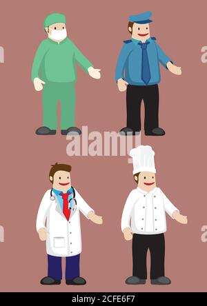 Einheitliche Vektordarstellung für Chirurg, Polizei, Arzt und Koch isoliert auf einfachem Hintergrund. Stock Vektor