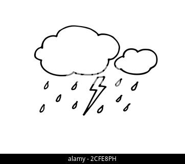 Von Hand gezogener Doodle Regenwolken mit Tropfen. Vektorgrafik isoliert auf Weiß. Schlichte schwarze Linie, kindlicher Stil Stock Vektor