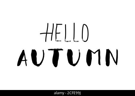 Einfacher handgezeichneter Schriftzug Hello Autumn. Buchstaben werden mit Pinsel mit dicken Strich gemacht. Schwarz-Weiß-Vektor-Illustration über den Herbst. Stock Vektor