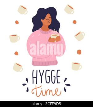 Nette Cartoon Frau mit heißem Getränk in ihren Armen. Konzept des Hygge-Stils. Lila Pullover, beige Tasse, brauner Kaffee. Handgezeichnete Vektorgrafik Stock Vektor