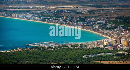 Luftaufnahme von Arenal mit Strand und Bucht, S'arenal, Arenal, Ballermann, Mallorca, Balearen, Spanien Stockfoto