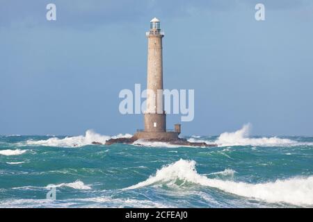 Goury Leuchtturm während Sturm, Normandie Stockfoto