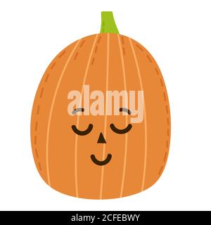 Niedliche Cartoon halloween Kürbis. Orange Gemüse mit geschlossenen Augen und Lächeln mit einem Zahn. Grüner Schwanz. Am besten für oktober Tag Design. Vektorgrafiken Stock Vektor
