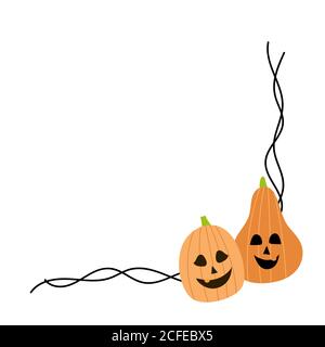 Niedlicher Rahmen mit zwei halloween Kürbissen in der Ecke. Schwarze stilvolle Locken auf zwei Seiten. Am besten zur Einladung. Vektor auf Weiß isoliert Stock Vektor