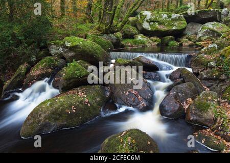 Der Fluss Ellez landeinwärts in der Bretagne im Herbst. Stockfoto