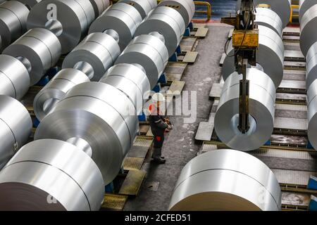 Stahlspulen, ThyssenKrupp Steel, Duisburg, Ruhrgebiet, Nordrhein-Westfalen, Deutschland Stockfoto