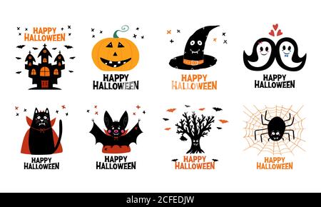 Halloween Grußkarten Set. Schloss, Jack o Laterne, Hexenhut, Geist, Katze, Fledermaus, trockener Baum, Spinne. Isoliert auf weißem Hintergrund. Vektormaterial Stock Vektor