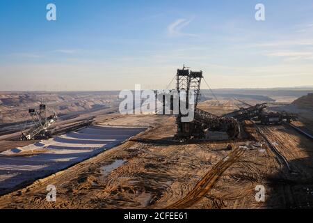 19. Januar 2019, Jüchen, Nordrhein-Westfalen, Deutschland - Schaufelradbagger im RWE Braunkohlerevier Garzweiler, Rheinisches Braunkohlerevier Stockfoto