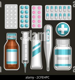 Vector Medical Set, 10 ausgeschnittene Illustrationen von rosa und blauen Pillen in verschiedenen Packungen, dekoratives Kreuz für erste-Hilfe-Set, Sammlung von Cartoon medi Stock Vektor