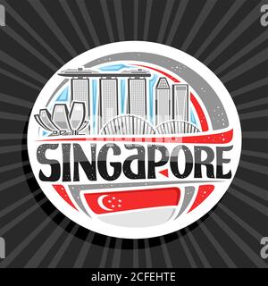 Vektor-Logo für Singapur, weißer dekorativer runder Stempel mit Umriss-Illustration der modernen singapur-Stadtlandschaft auf Tageshimmel-Hintergrund, touristischer Kühlschrank Stock Vektor
