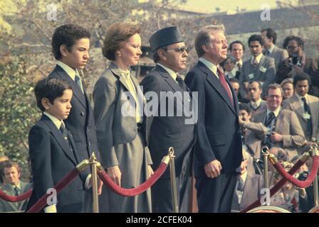 Rosalynn Carter König Hassan II und Jimmy Carter bei der Ankunftszeremonie für den König von Marokko. Ca. 14. November 1978 Stockfoto