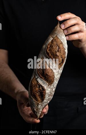 Crop männlichen Bäcker in Schürze hält frische gesunde handwerkliche Brot Stockfoto