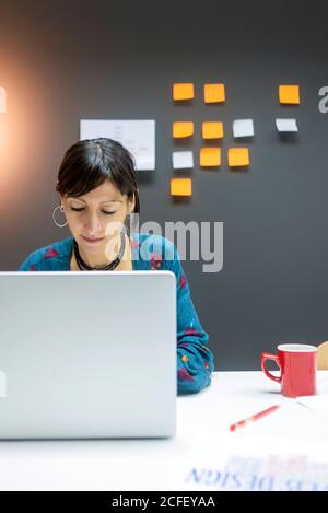 Hübsche Frau, die am Laptop arbeitete, während sie am Schreibtisch saß Modernes Büro Stockfoto