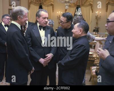 'Jimmy Carter, Richard Nixon und Deng Xiaoping beim Staatsessen für den Vize-Premierminister von China. Ca. 01/29/1979' Stockfoto