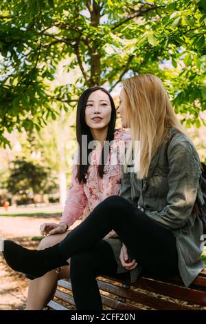 Zwei multirassische junge Frauen in lässigen Outfits reden und suchen Einander beim Sitzen auf der Bank im Park Stockfoto