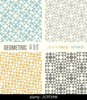Satz von vier geometrischen Mustern. Sammlung verschiedener abstrakter Muster, Nummer 16. Blaugrün, gelb und grau, dunkelgraue Hintergründe. Einfache Farben - EA Stock Vektor