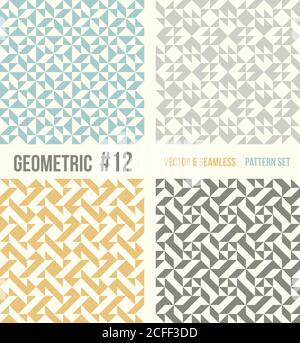 Satz von vier geometrischen Mustern. Sammlung verschiedener abstrakter Muster, Nummer 12. Blaugrün, gelb und grau, dunkelgraue Hintergründe. Einfache Farben - EA Stock Vektor