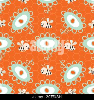 Vektor kindliche Zeichnung von Blumen und kawaii Stil Bienen nahtlose Muster Hintergrund. Lustige Kulisse mit einfachen orange und mintgrün kritzelte Stock Vektor