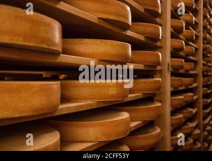 Gruyere Käse auf Regalen in L'Etivaz, Schweiz Stockfoto