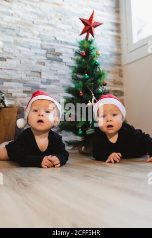 Glückliche Babys in der Nähe von Weihnachtsbaum und Geschenke Stockfoto