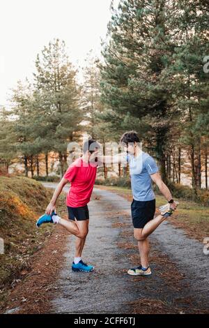 Seitenansicht von müden männlichen Joggern in blau und rot Shirts dehnen sich nach dem Laufen und hartem Training im Stehen zusammen In der Mitte eines Asphaltweges Weg in der Wald Stockfoto