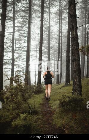 Fit Frau läuft auf dem Weg in nebligen Wald Stockfoto